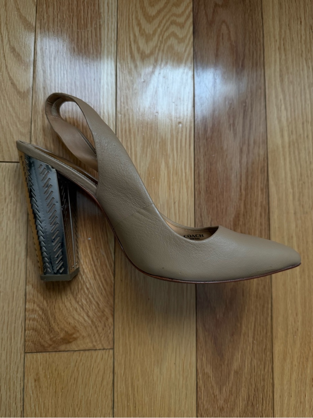 Coach - Slingback Pointed-Toe Pump in Tan with Decorative Gold Heel